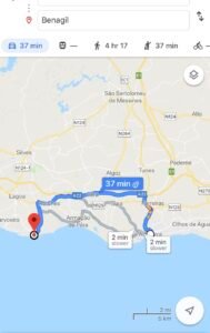Map of route from Albufeira to Benagil