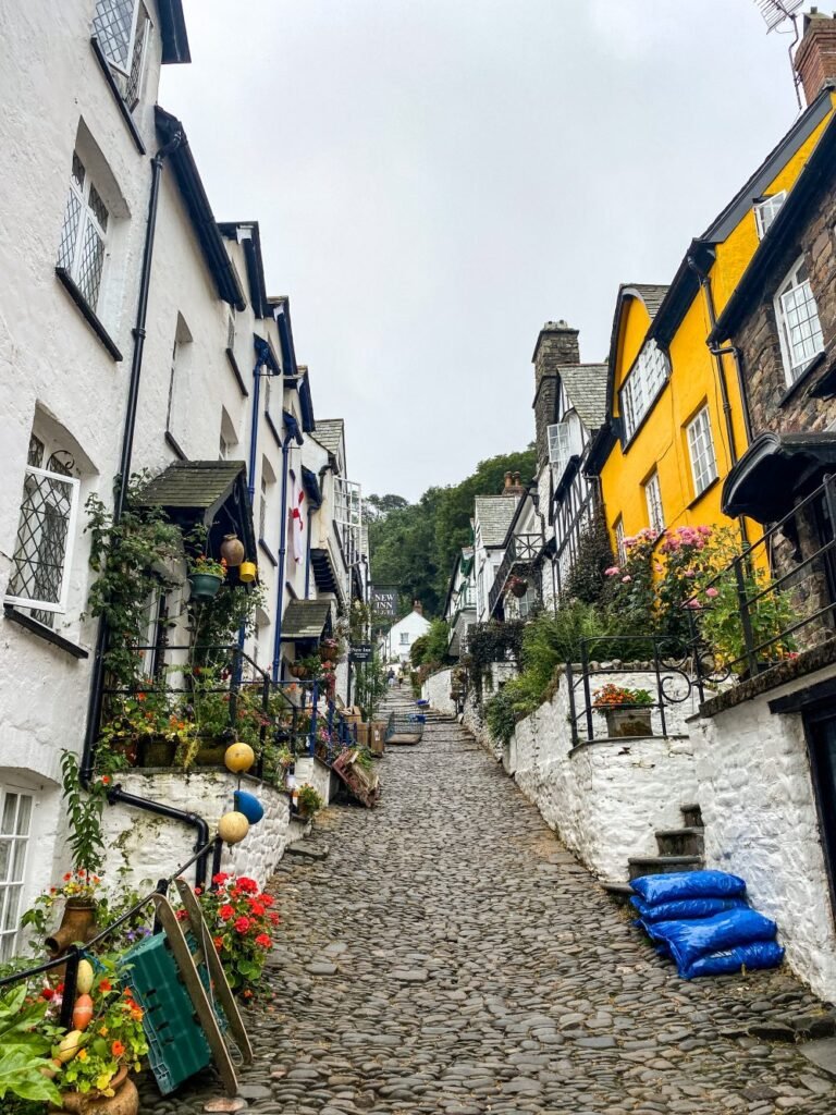 cobbled streets of Clovelly's hill with beautiful painted white and yellow houses lining each side