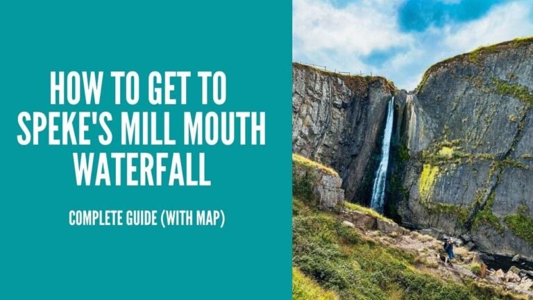 Blog feature image shows white text on a blue background. Speke's Mill mouth waterfall, how to get there!